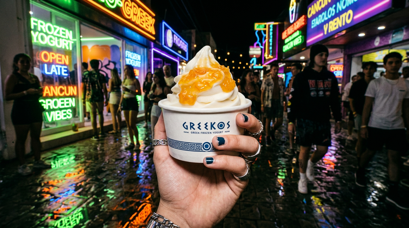 Multitud Gen Z afuera de boutique de postres GREEKOS en Cancún de noche