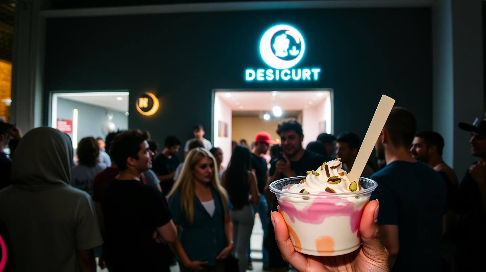 Multitud Gen Z afuera de boutique de postres GREEKOS en Cancún de noche